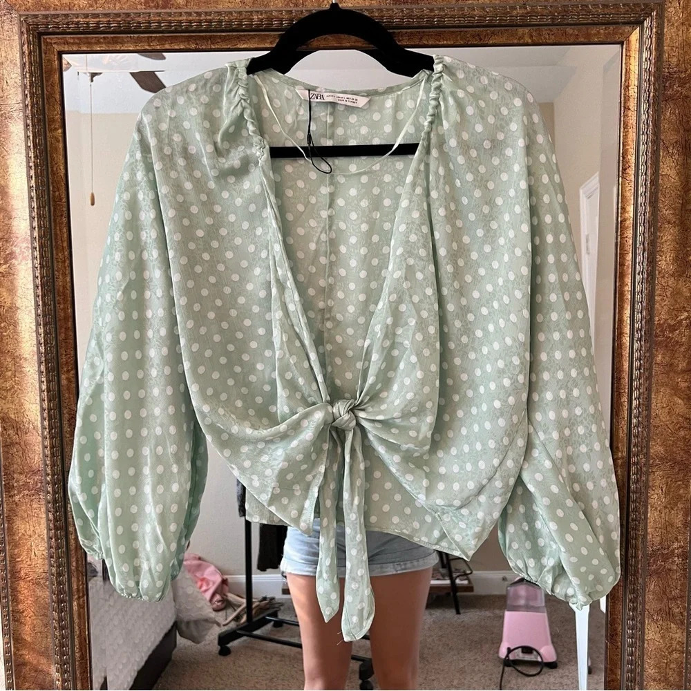 Zara Tie Front Polka Dot Blouse